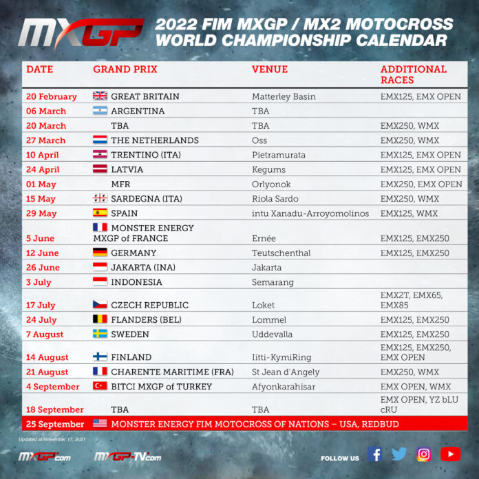 2022 Calendar: Fim Motocross World Championship