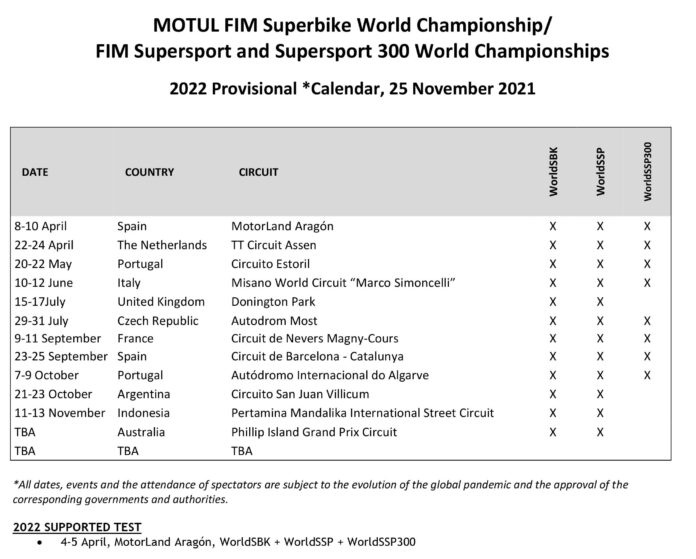 Provisional 2022 MOTUL FIM WorldSBK Championship Calendar