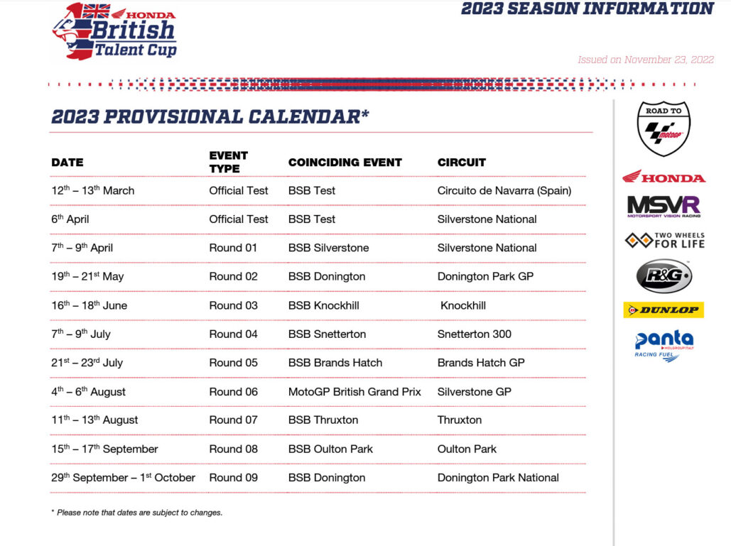 Updated: 2023 Honda British Talent Cup calendar