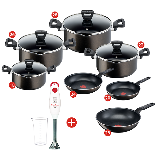 Tefal XL Intense Cooking Set With Glass Lid, Stewpots 18,22,26,28 + Frypan 20,24 + Wokpan 28 + Moulinex Turbomix Plus Hand Blender, 350 Watt, beaker 800 ml - DD1011EG