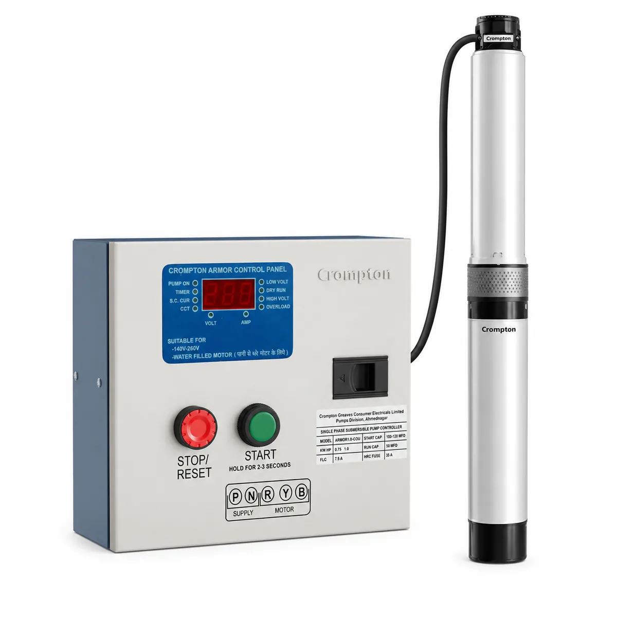 Crompton Borewell Submersible 1HP Pump With Single Phase Control Panel (4w1/10 Bue-D)