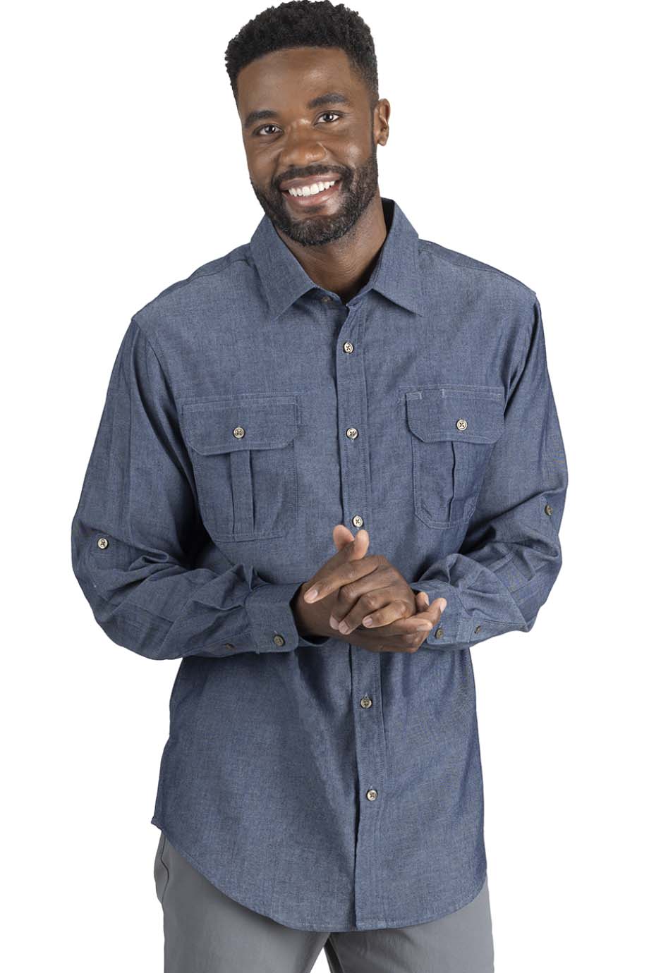 EDWARDS MENS CHAMBRAY ROLL UP SLEEVE SHIRT - On Model