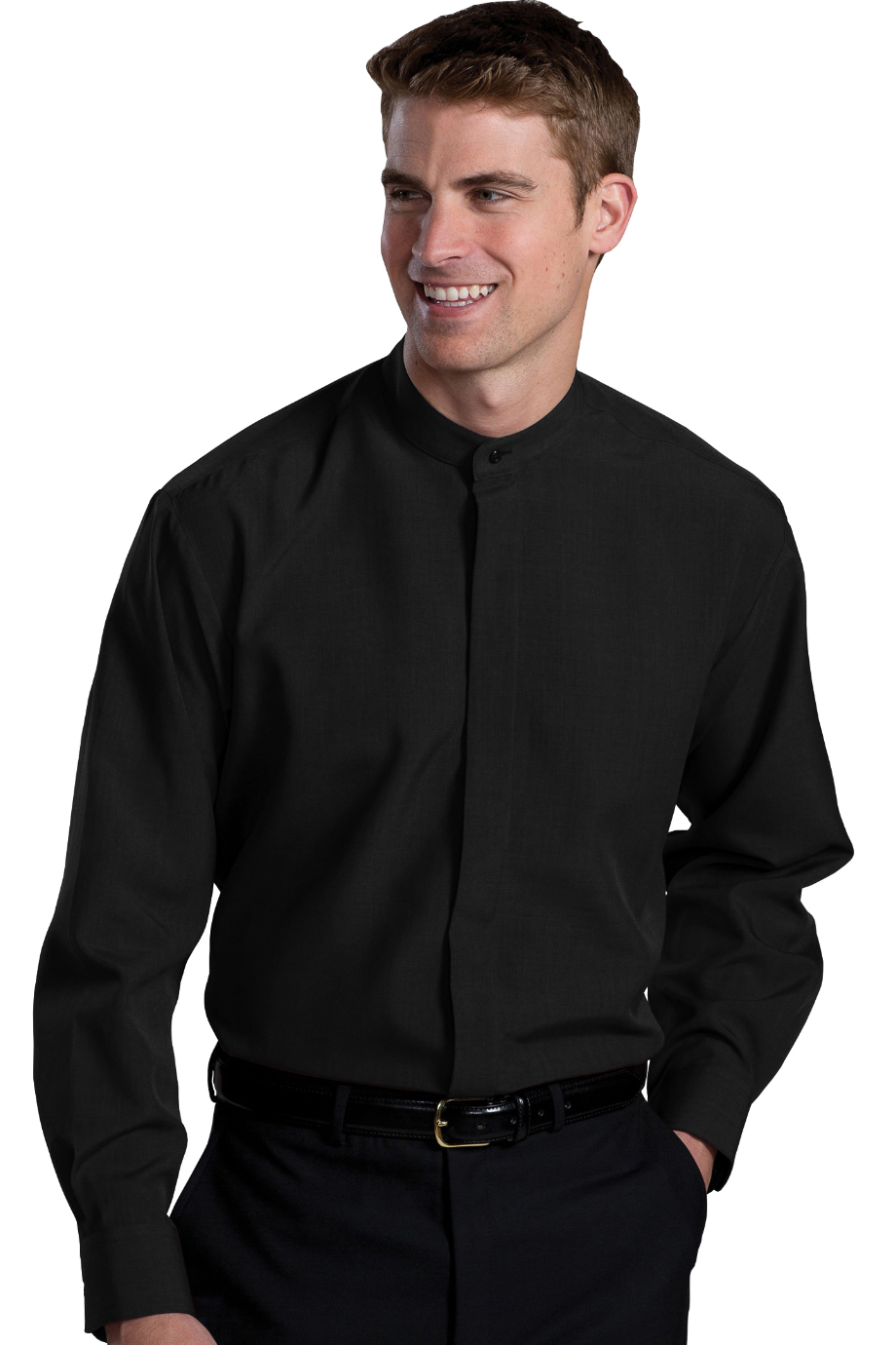 EDWARDS MENS BATISTE BANDED COLLAR SHIRT - On Model