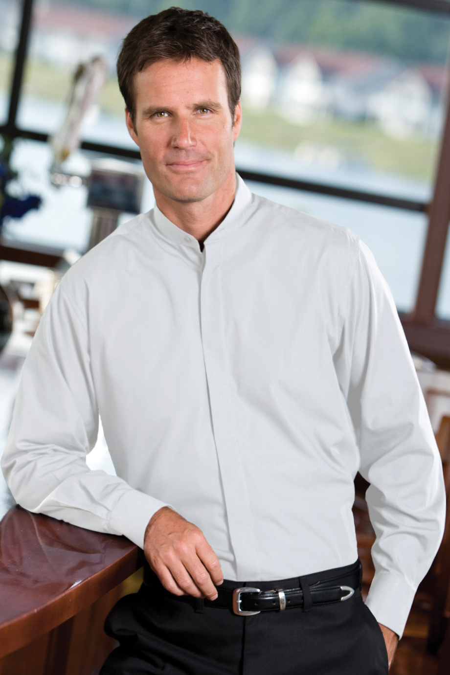 EDWARDS BANDED COLLAR MENS SHIRT - On Model