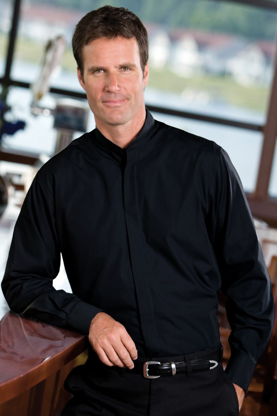 EDWARDS BANDED COLLAR MENS SHIRT - On Model