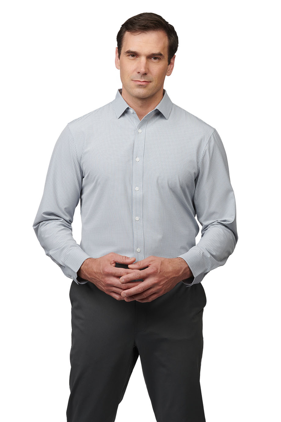 EDWARDS POINT GREY MENS DRESS SHIRT BLACK MICROCHECK - On Model