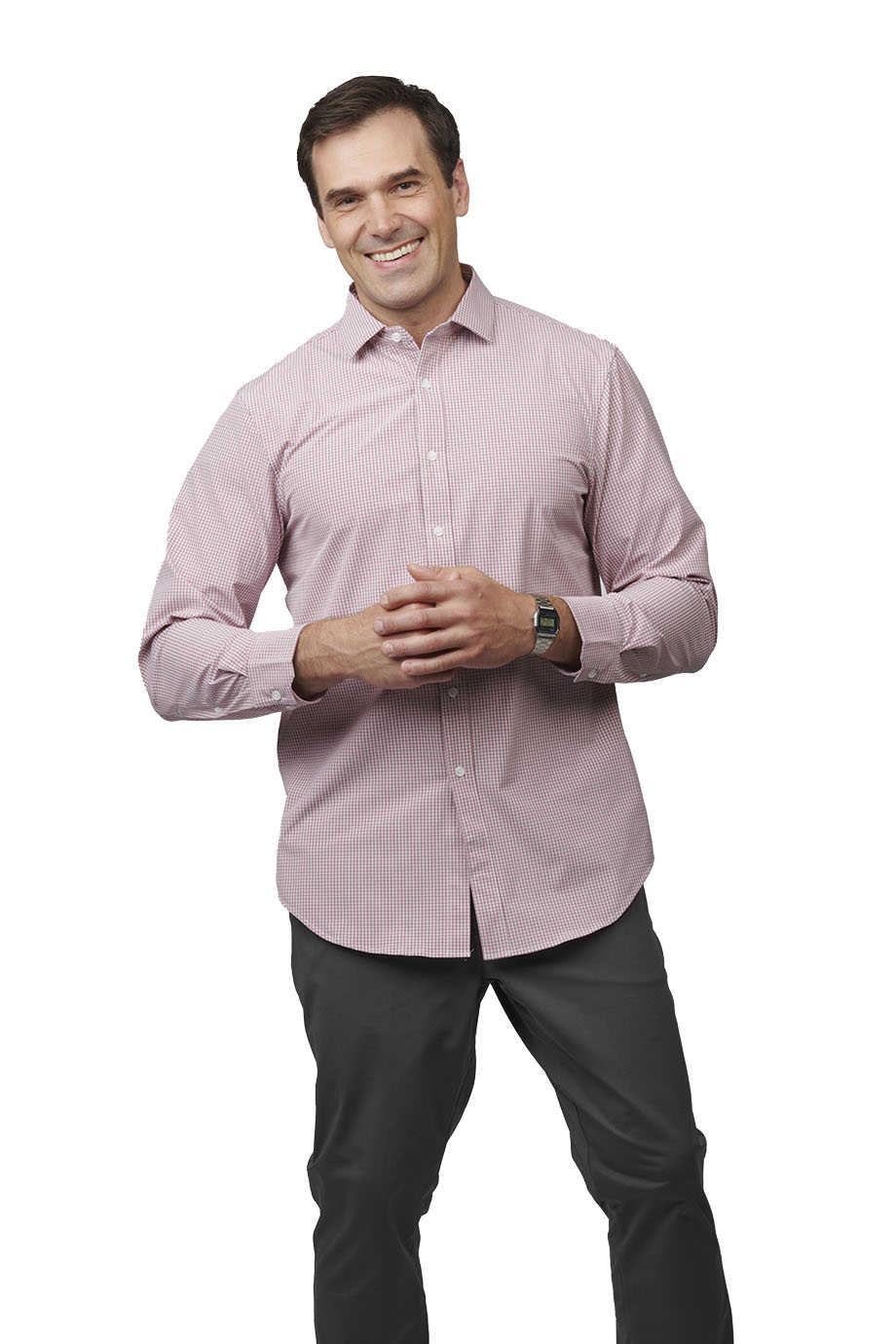EDWARDS POINT GREY MENS DRESS SHIRT SCARLET MICROCHECK - On Model