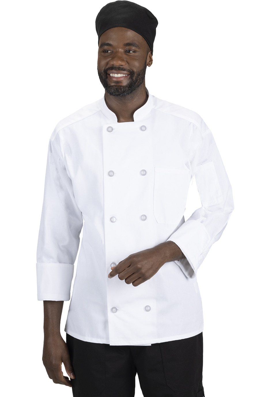 EDWARDS 10 BUTTON LONG SLEEVE CHEF COAT - On Model