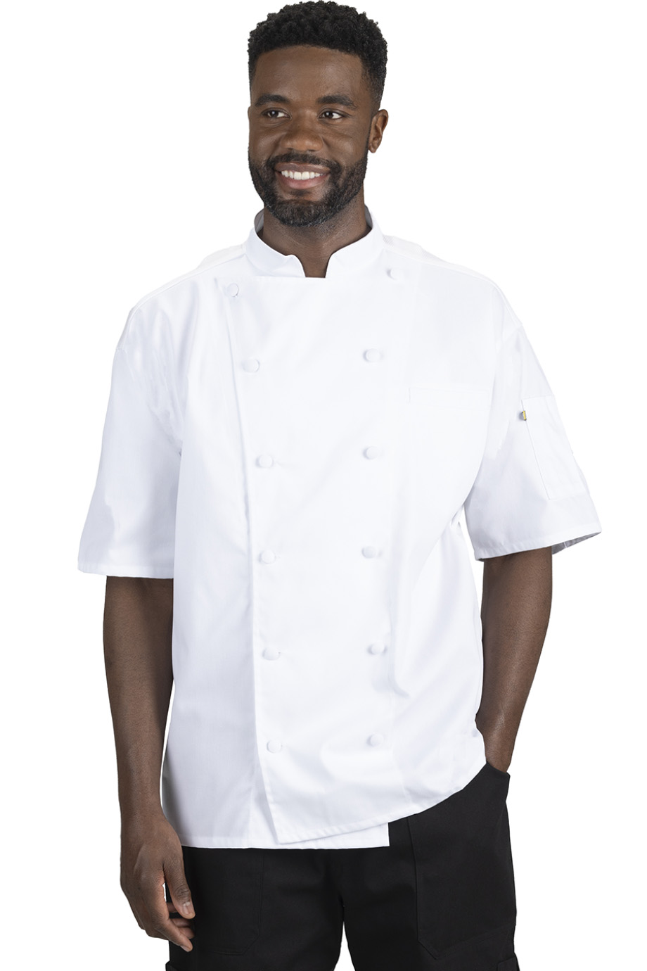 EDWARDS 12 BUTTON SHORT SLEEVE CHEF COAT WITH MESH - On Model