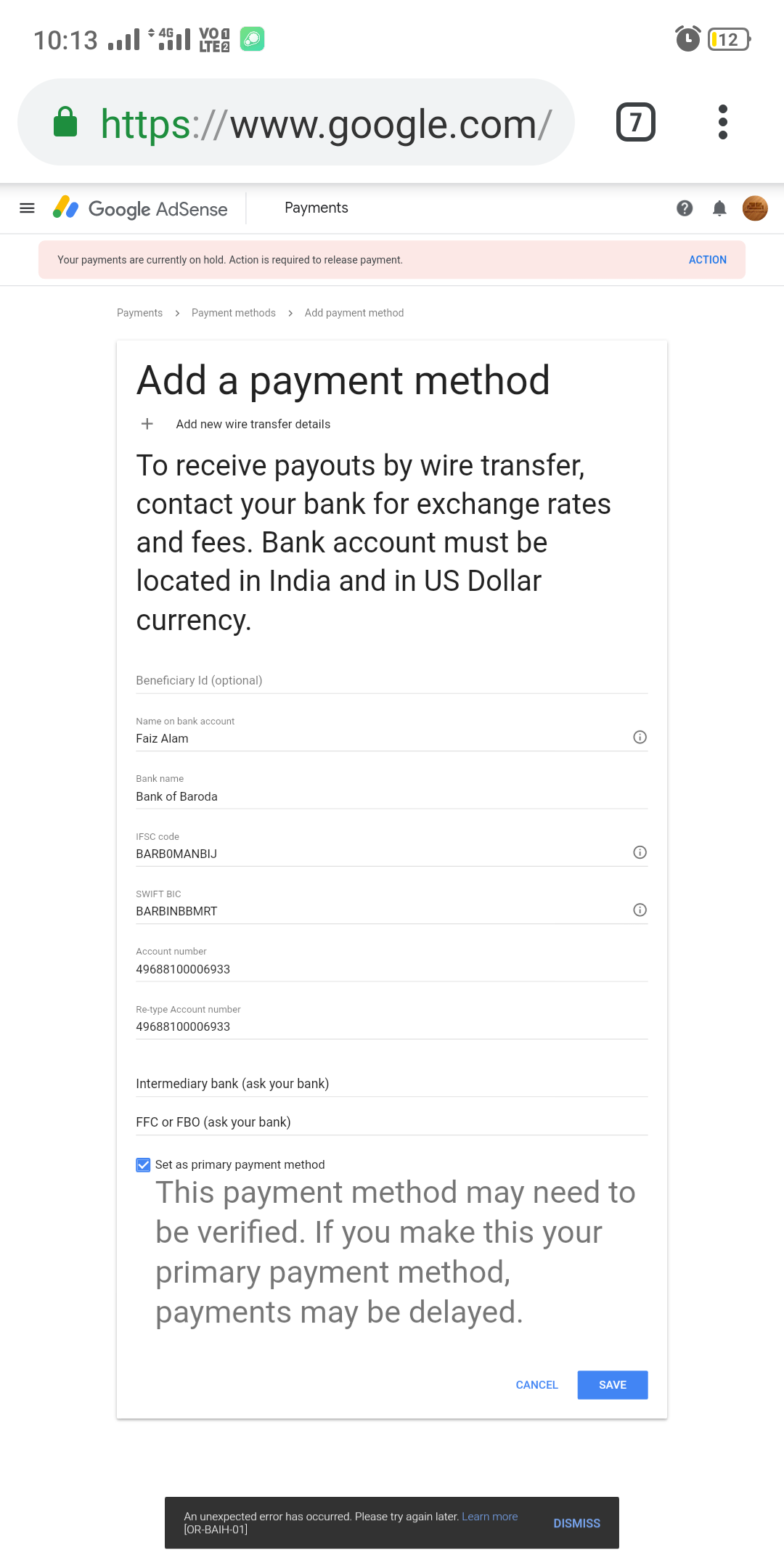 Unexpected error has occurred please try again later - Google AdSense ...