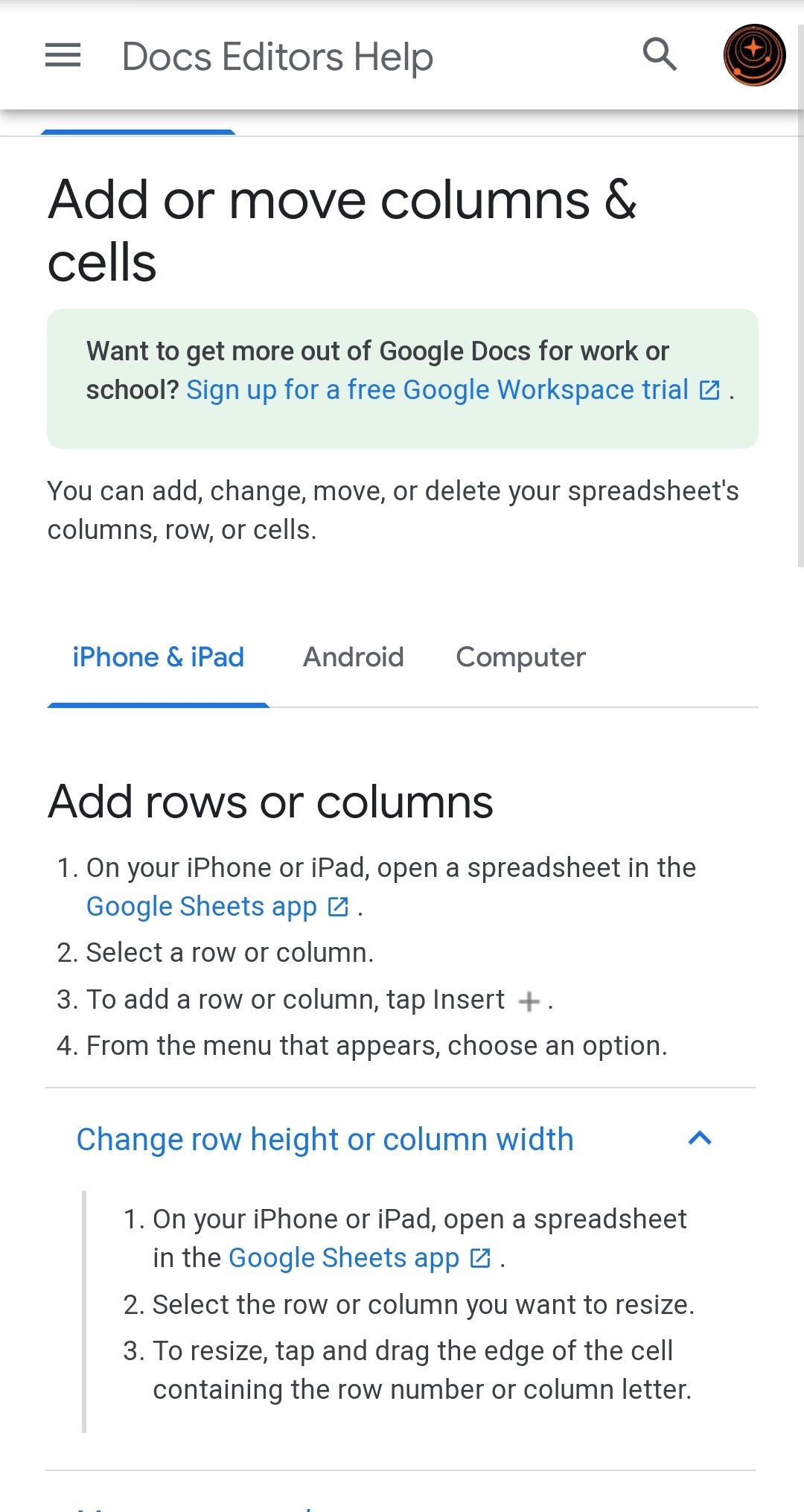 To Set The Column Row Height To An Exact Value On Ios Mobile Devices Google Docs Editors Community