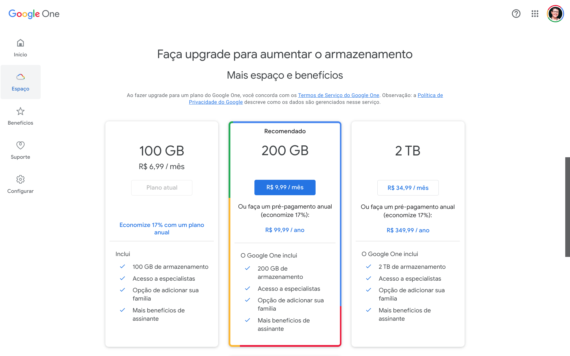 Planos e preços - Google One