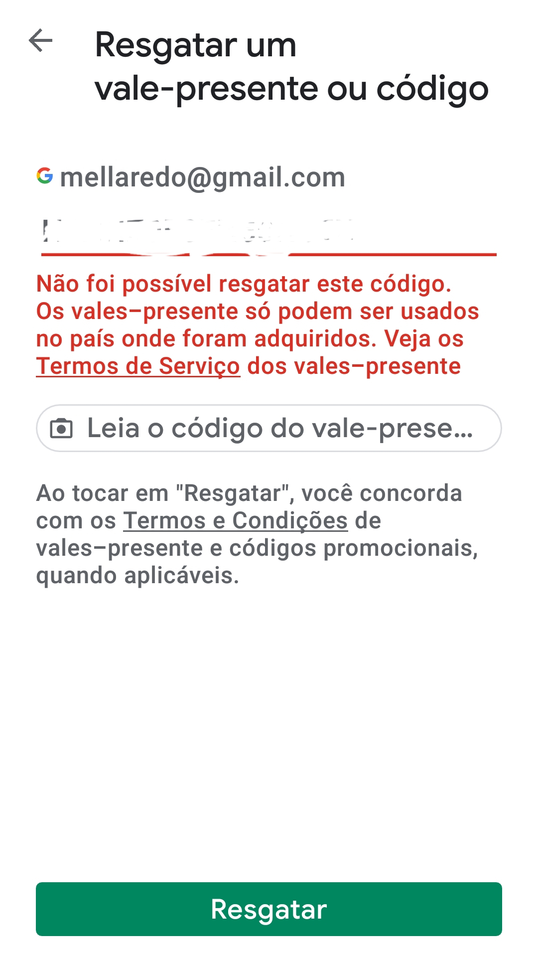 fui ativar o código, apareceu não foi possível resgatar o código e agora  ? Oque faço ? Ajudem! - Comunidade Google Play