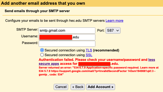 Send emails from a different address - "Authentication Failed" - Google  Account Community