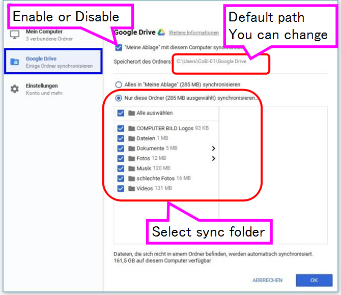 google drive sync download change destination folder