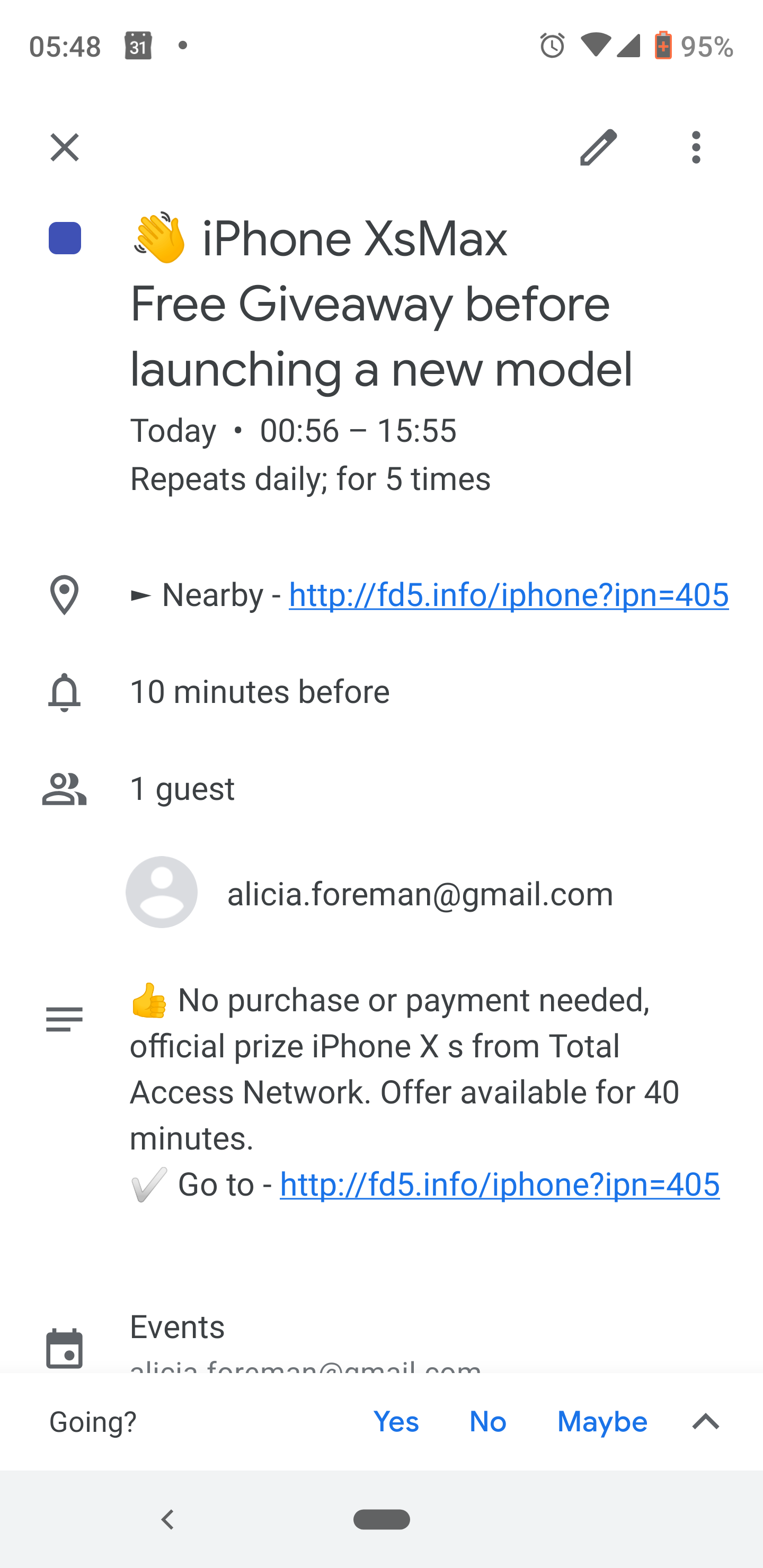 An event has appeared in my calendar, out of nowhere to pick up my new  iphone xr - Android Community