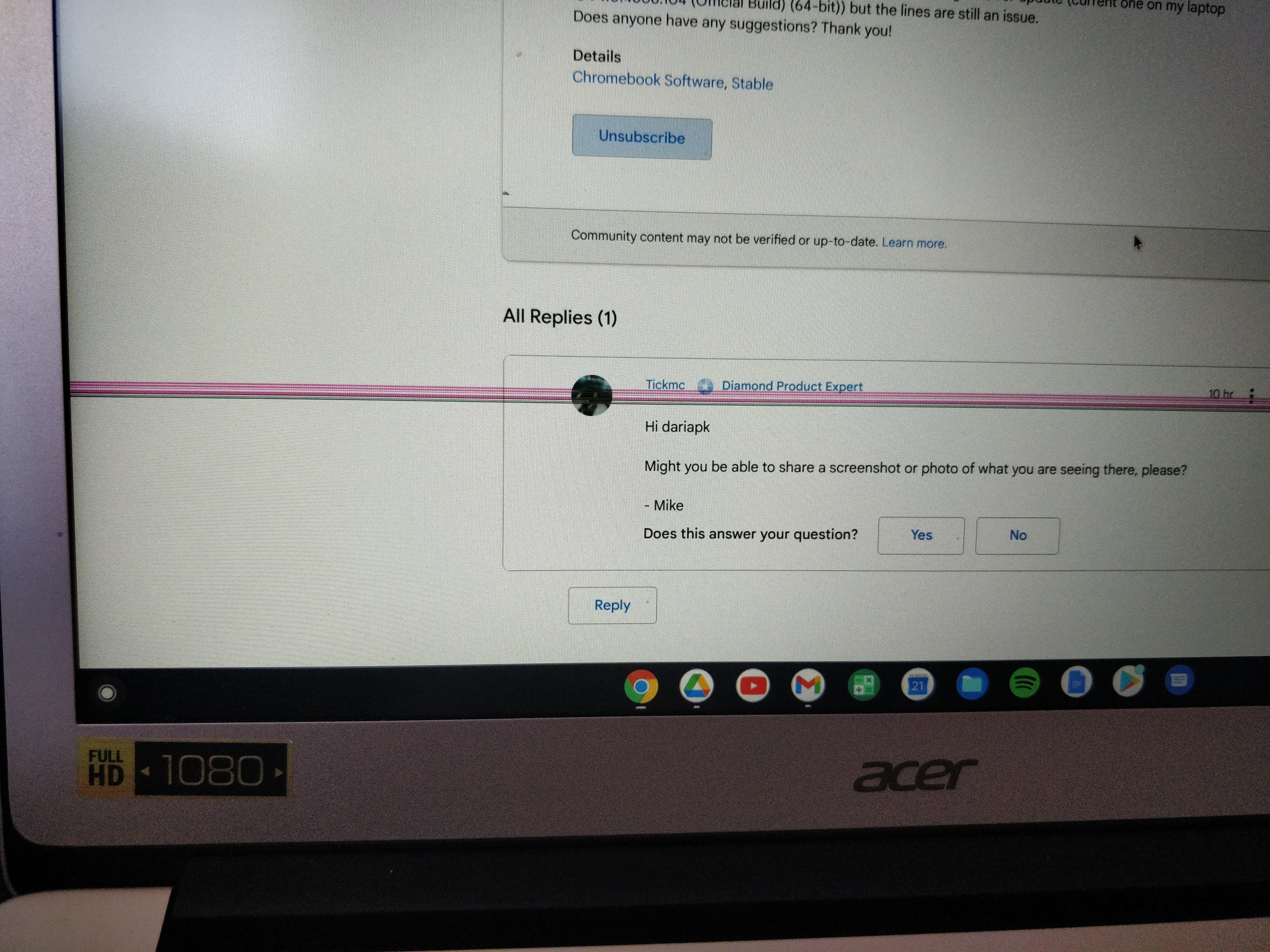 Chromebook screen vertical lines and the display is very pixelated. — Acer  Community