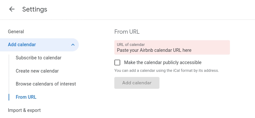 How do i share a calendar I have exported from airbnb? when i hover over  the link it only says setti - Google Calendar Community