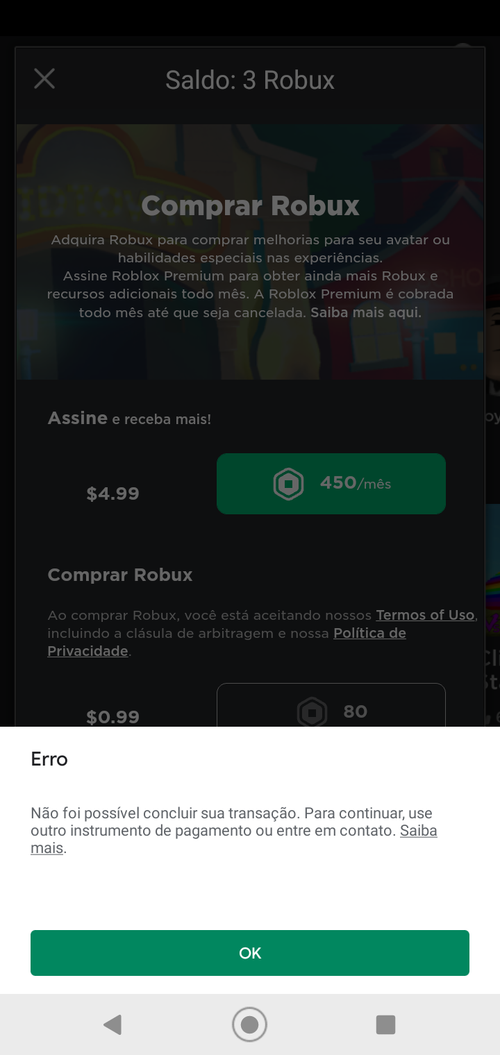 Falha na transação roblox - Comunidade Google Play