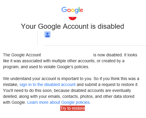 Google account deleted due to tos violations