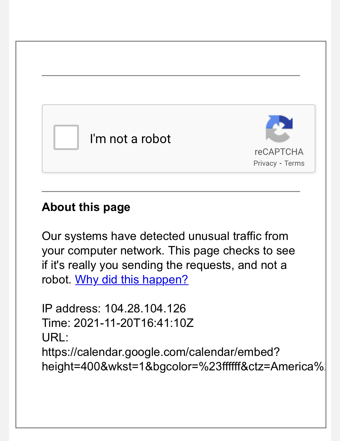 of our community can't our public - they are getting the message 'I'm not a robot. - Google Calendar Community