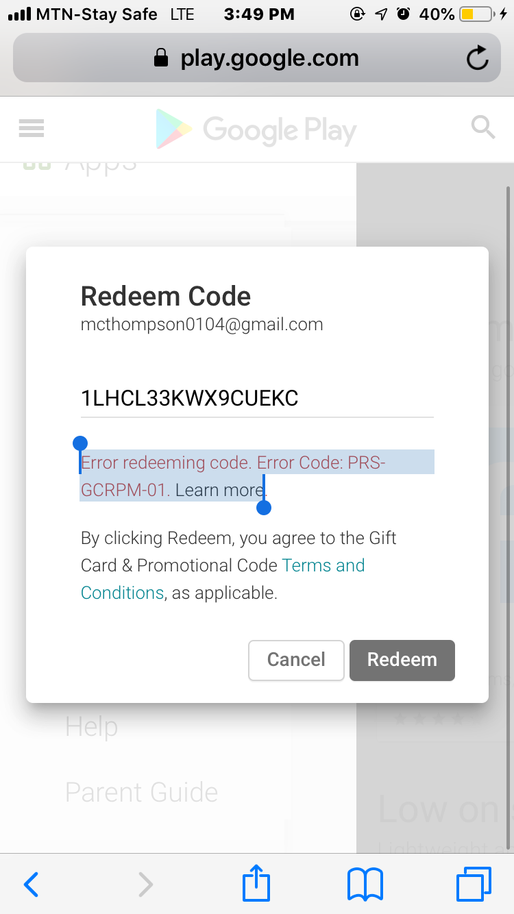 Error redeeming code. Error Code: PRS-GCRPM-01. - Google Play Community