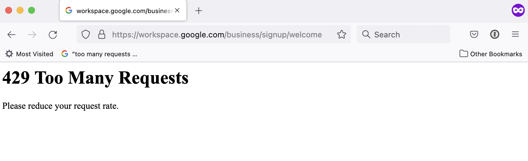 too many requests error when signing up for workspace - Google