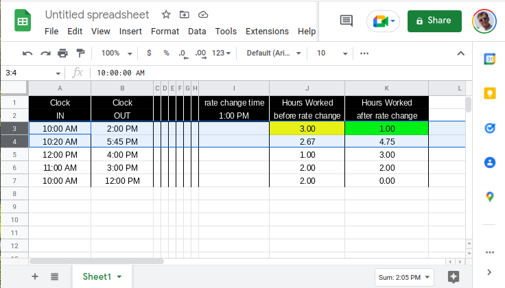 Calculate hours between 10AM 1PM and from 1PM 6PM Google Docs