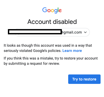 Violations due account google deleted to tos my google