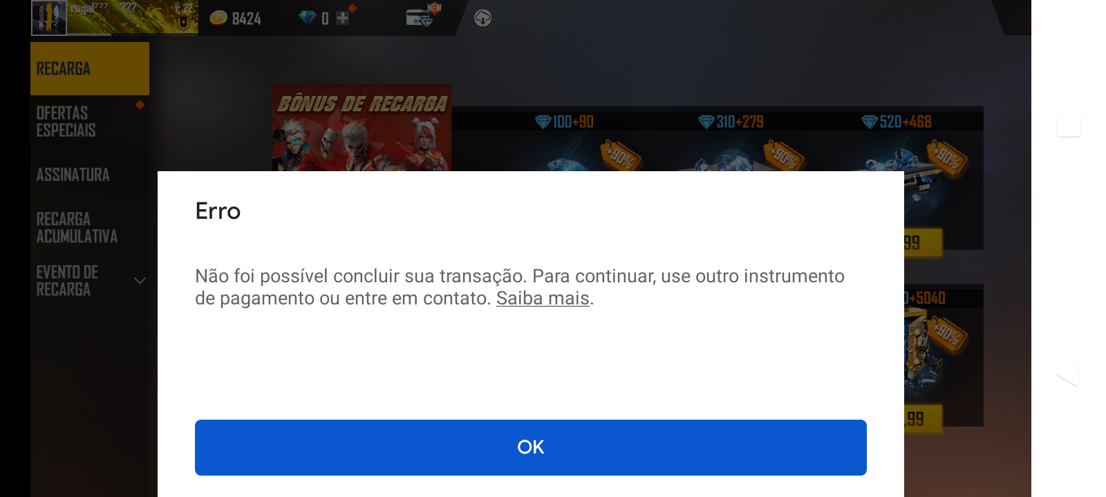 erro na compra de diamante no ff - Comunidade Google Play