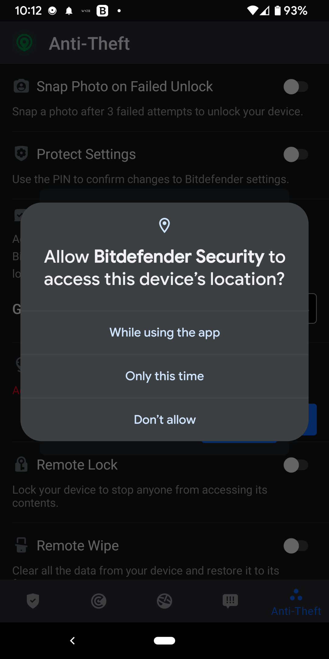 Bitdefender anti-theft requires location permissions (all the time 