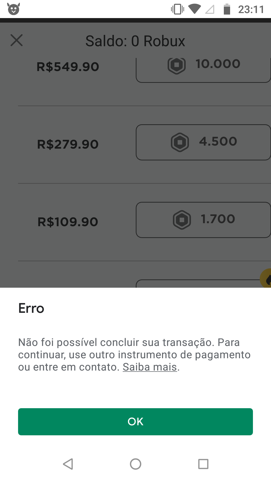 Erro na compra de robux - Comunidade Google Play