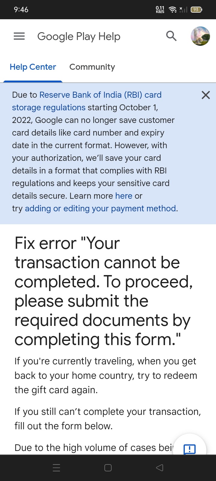 Transaction error - Google Play Community