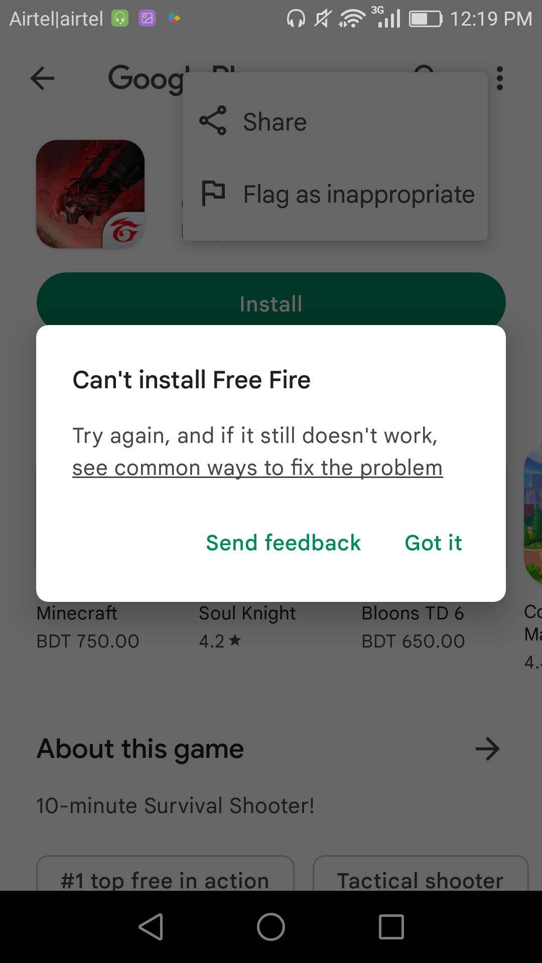 I can't download freefire. I have enough space - Google Play Community