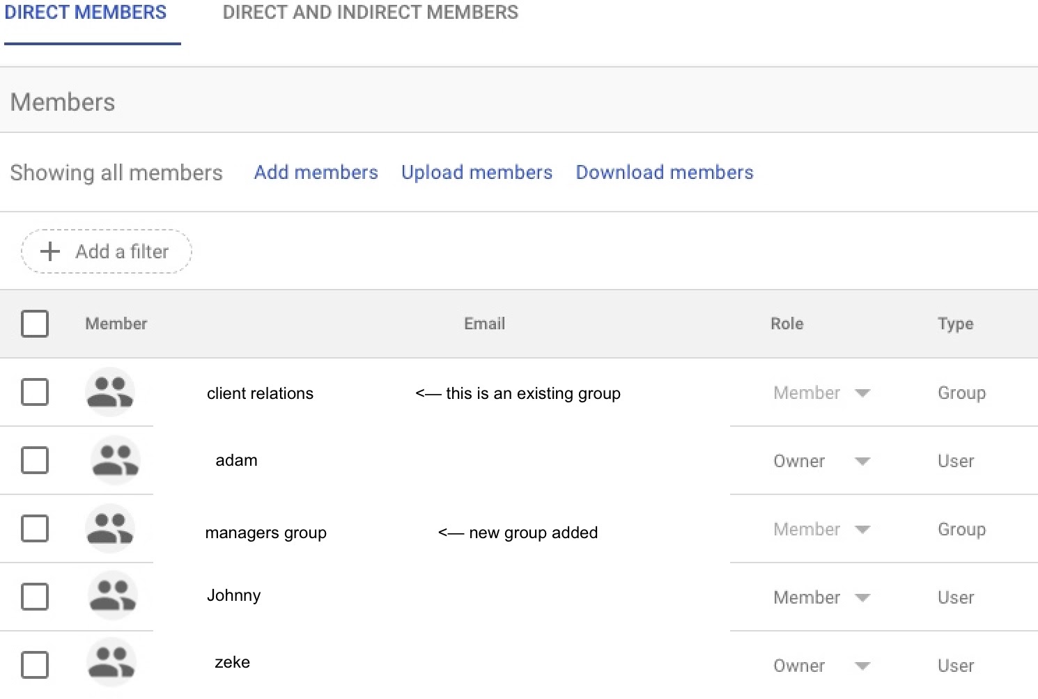 Adding members and managers to a Google Group