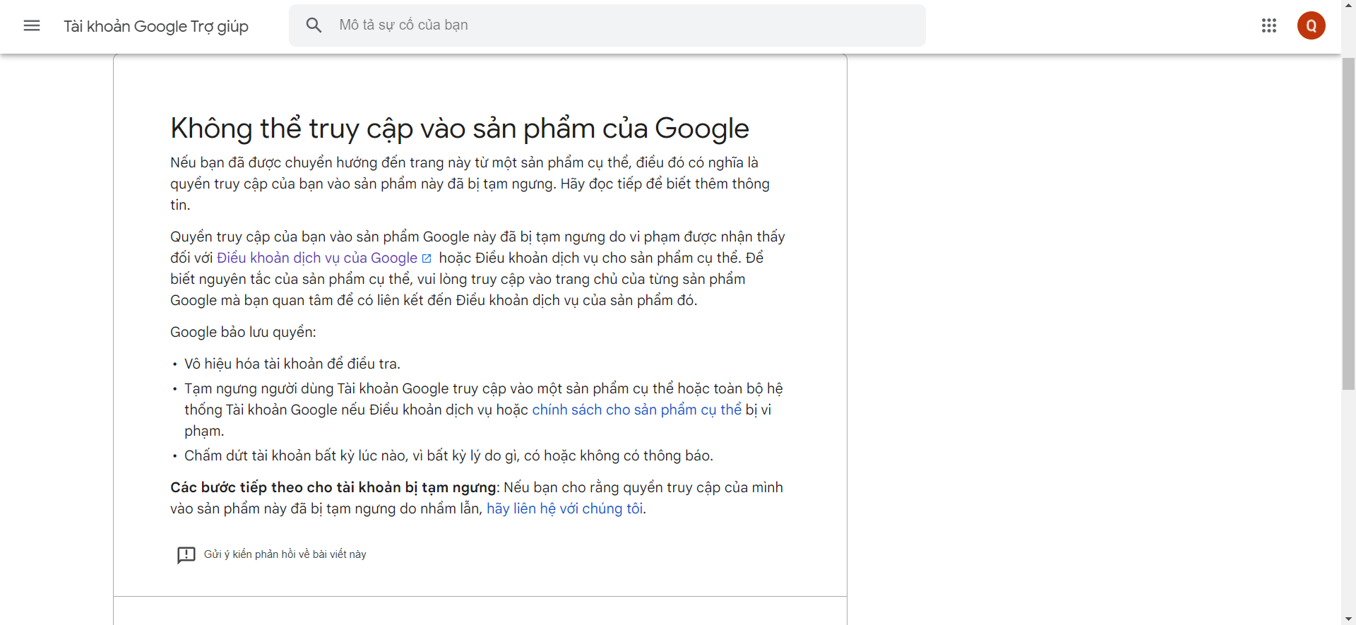 Không thể truy cập vào sản phẩm của Google - Cộng đồng Gmail