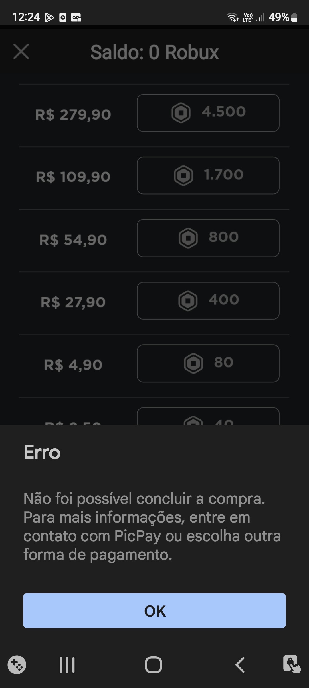 Da erro ao comprar robux. - Comunidade Google Play