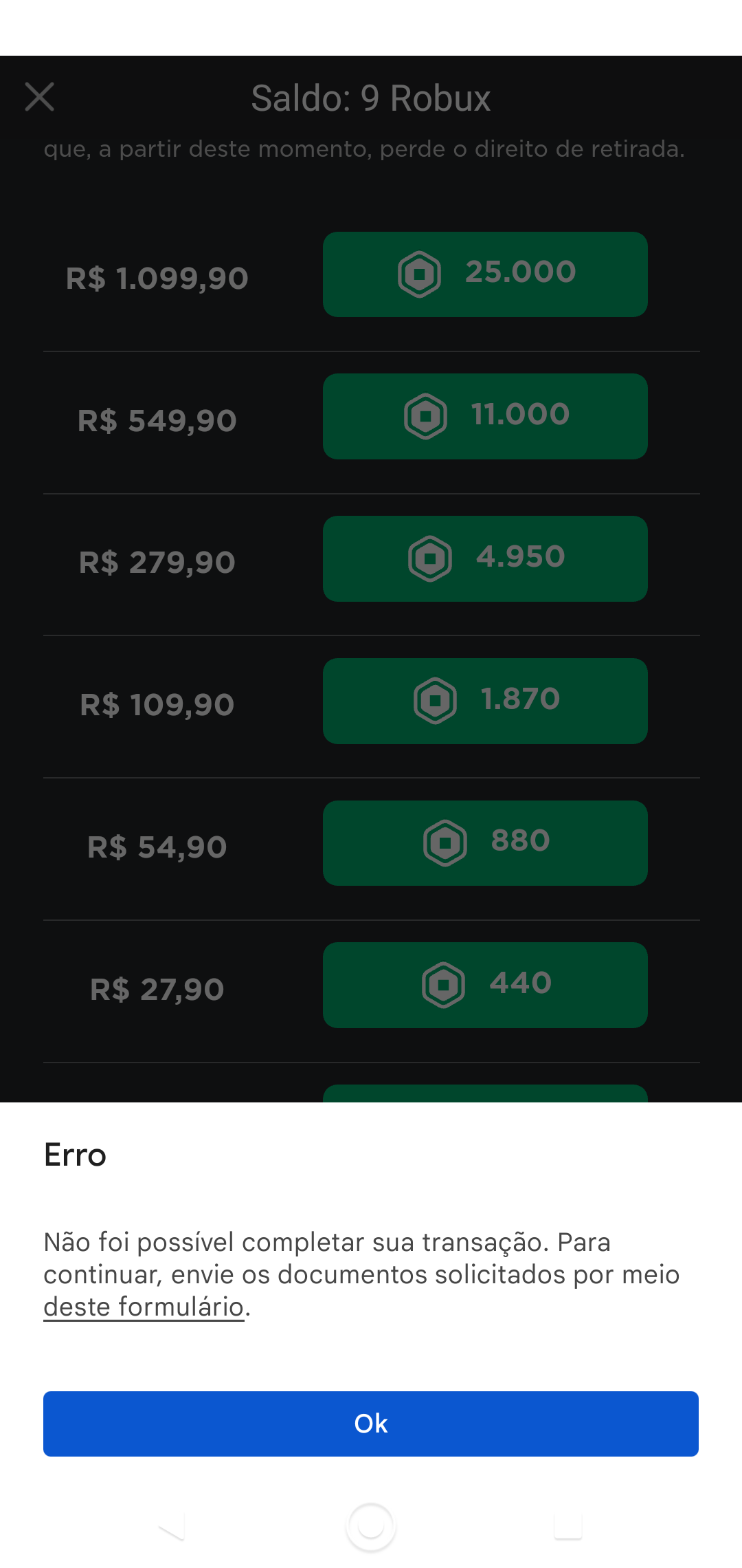 Falha na transação roblox - Comunidade Google Play