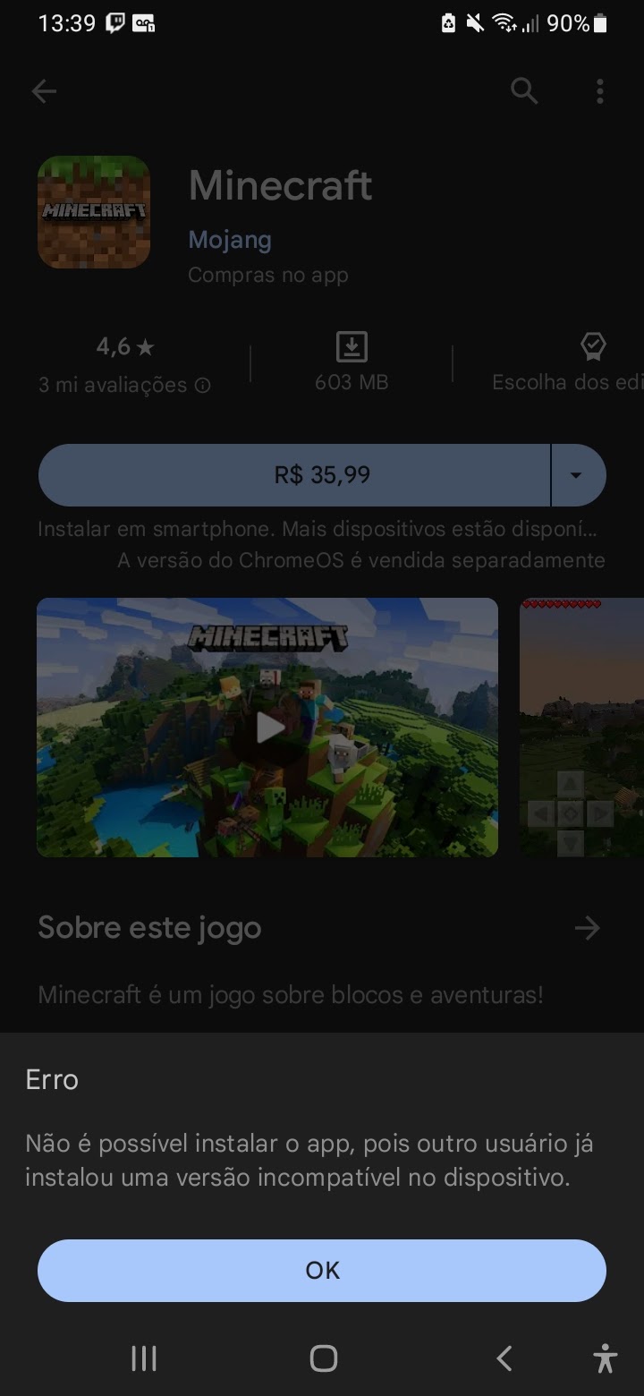 Ola , acabo de comprar minecraft original pela plays store porem