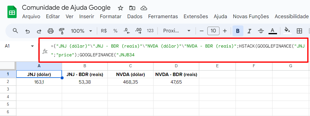 Erro no Google Finance. Comunidade Editores de Documentos Google