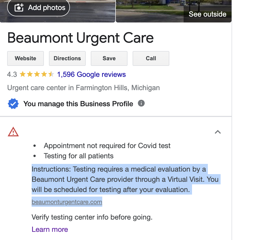 Covid information remove from Urgent Care Business listing