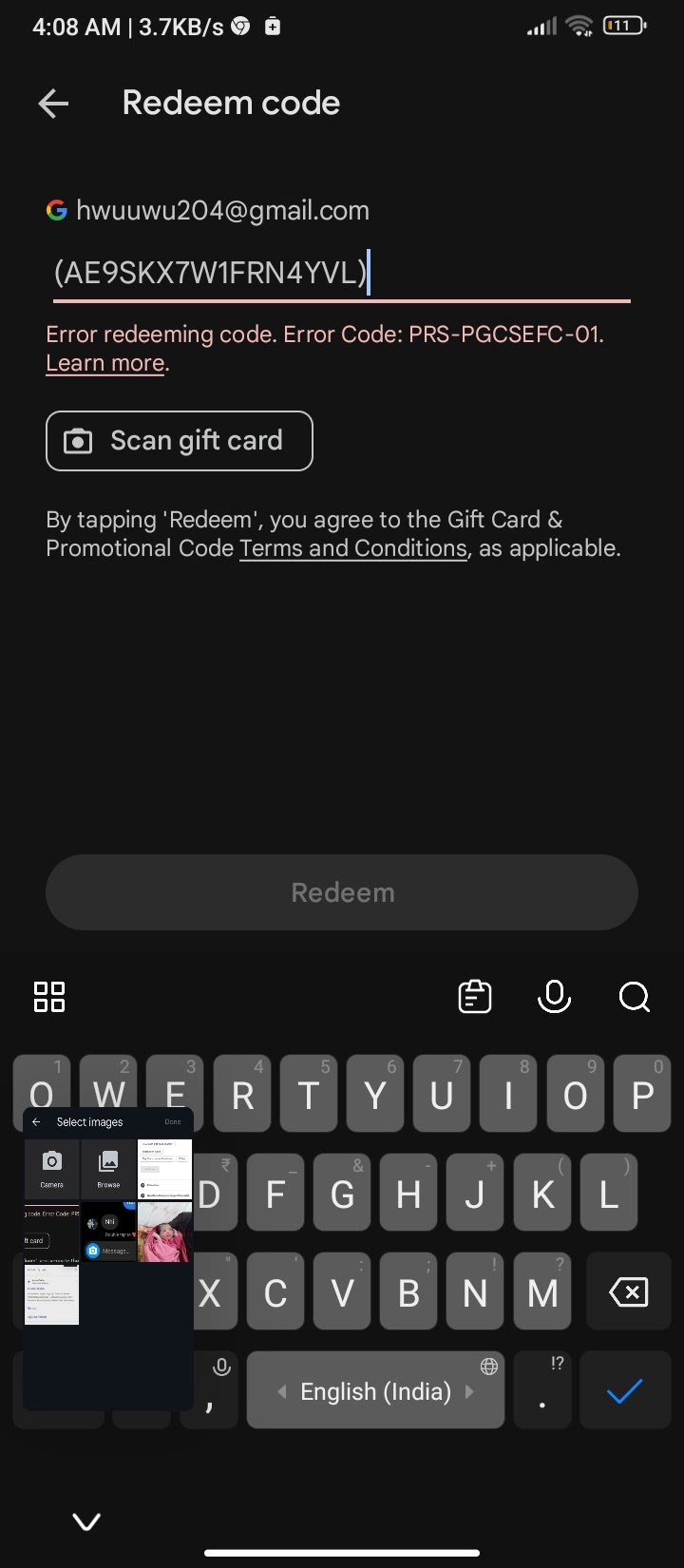 Error redeeming code. Error Code: PRS-GCRPM-01. - Google Play Community