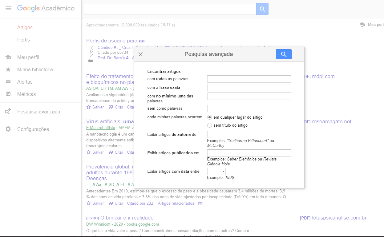 Resultados das pesquisas, no Google Acadêmico, pelas palavras