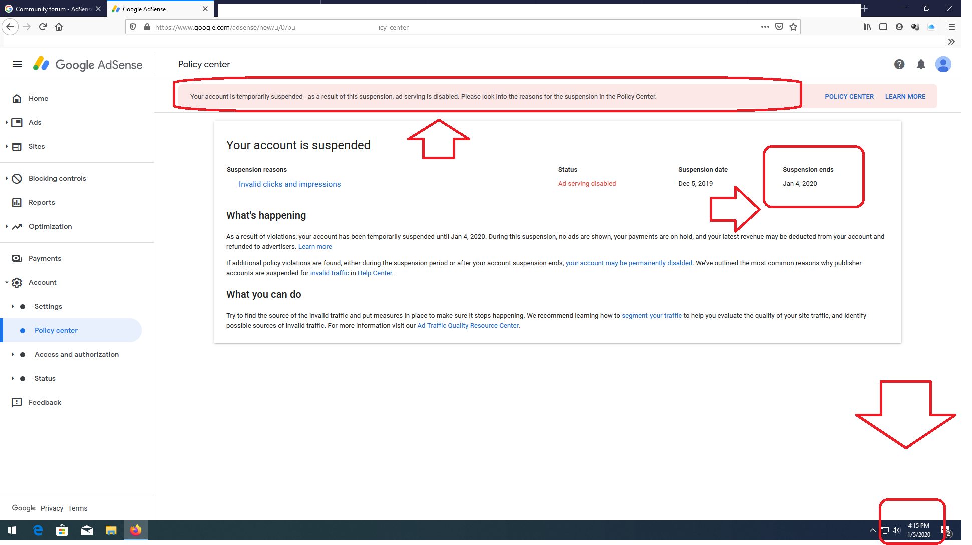 Account suspended to 4.01.2020 - Google AdSense Community