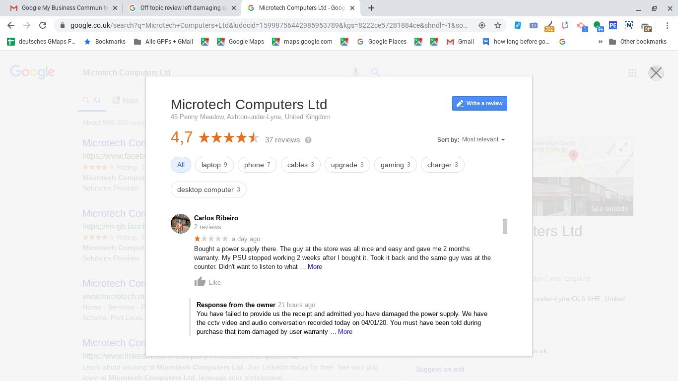 Off Topic Review Left Damaging Our Business Https G Co Kgs