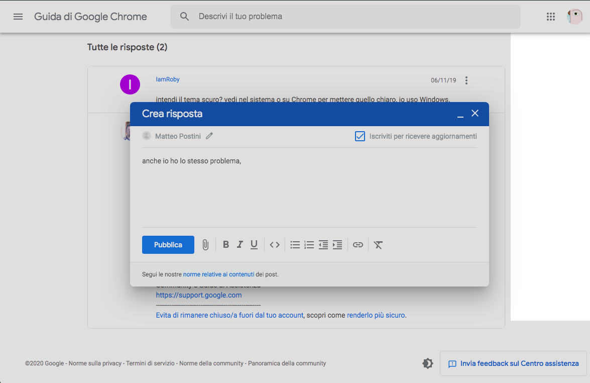 buonasera! voglio eliminare un grigio presente su crome e tornare al come - Google Chrome