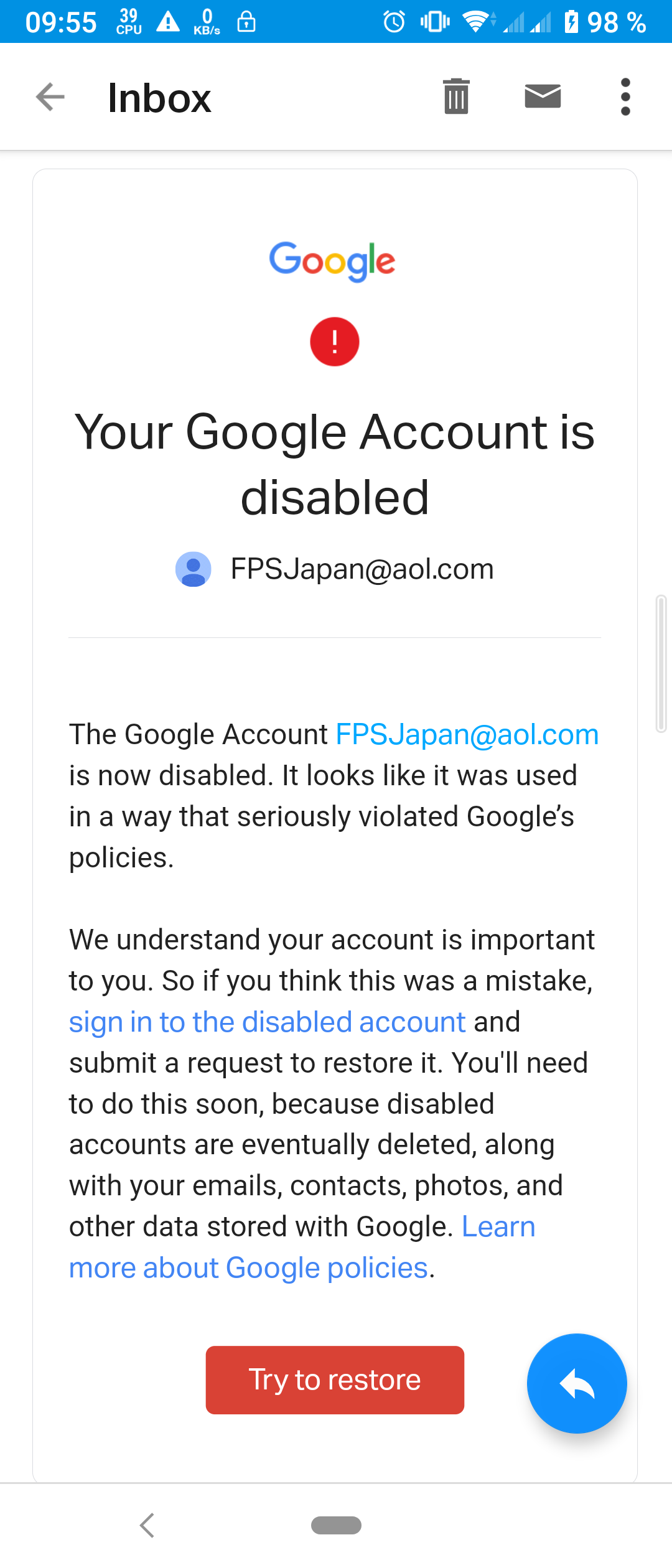 Google account deleted due to tos violations