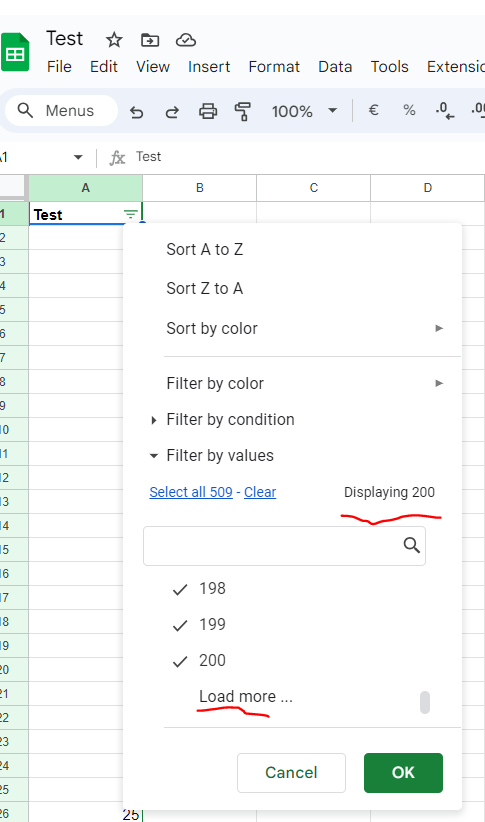 Sheets only displaying 200 results at a time in data filter 