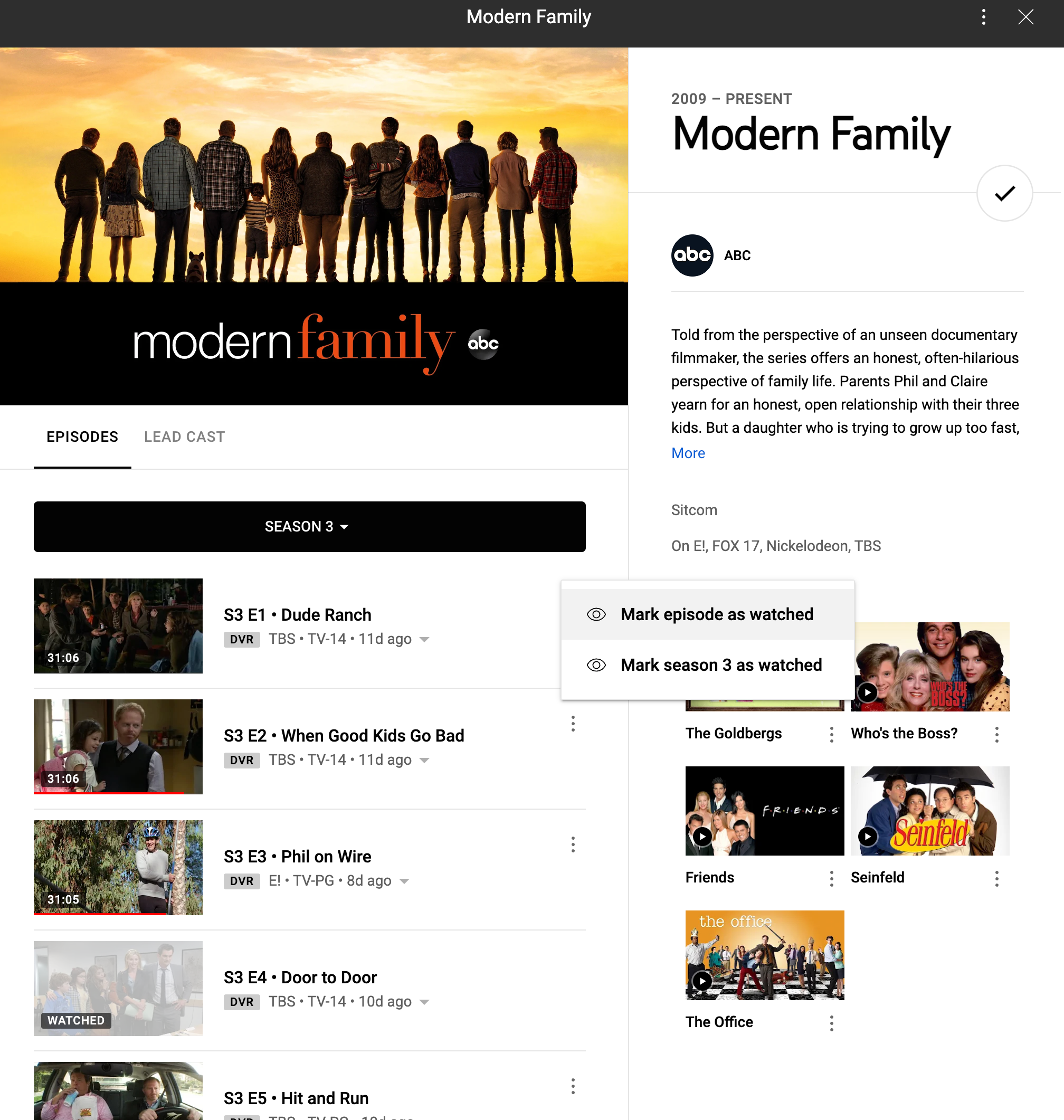 Mark shows watched YouTube TV Community