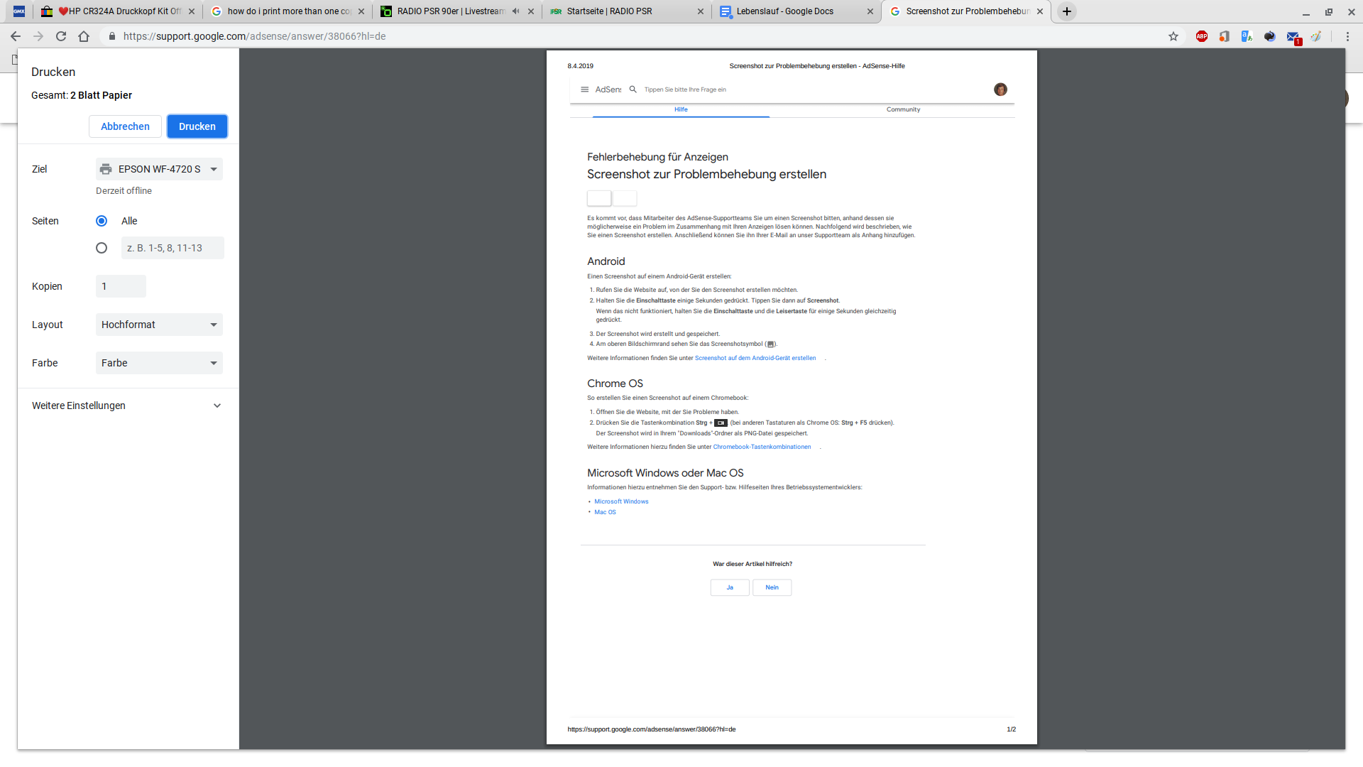 how do i print more than one copy in google docs chrome os - Chromebook
